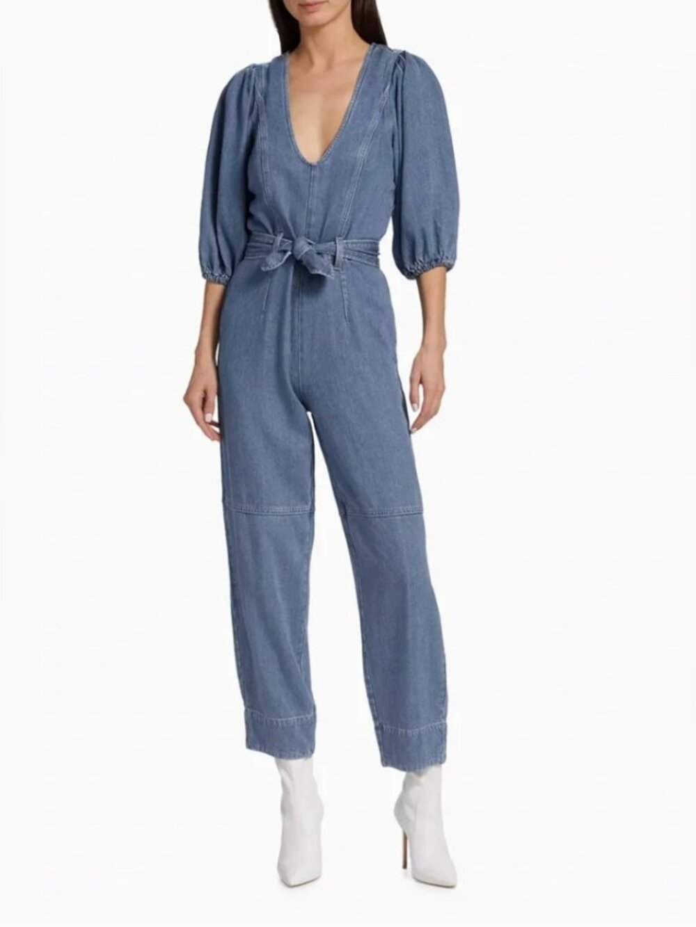 7 For All Mankind Puff Sleeve Denim Jumpsuit